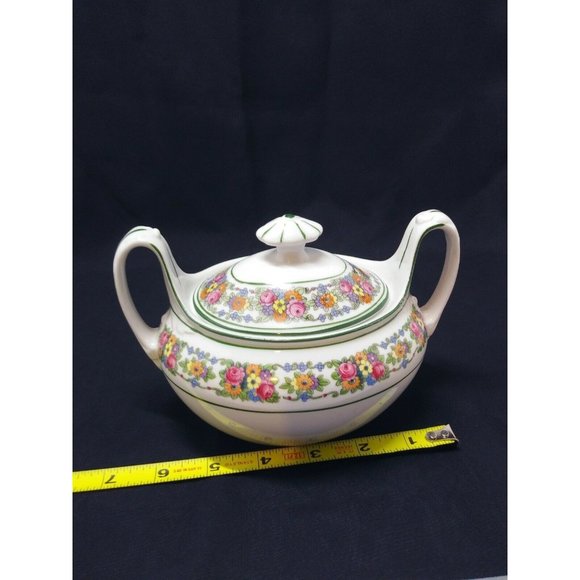 Beautiful Rose Red Green White Ceramic Sugar Bowl W/Holder Led F&W Mark Sign - Picture 12 of 12